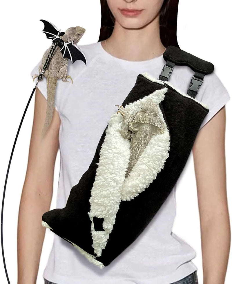 Adjustable Fluffy Bearded Dragon Sling Carrier Bag, Reptile Carrier with Leash Harness Lizard Cage Accessories for Small