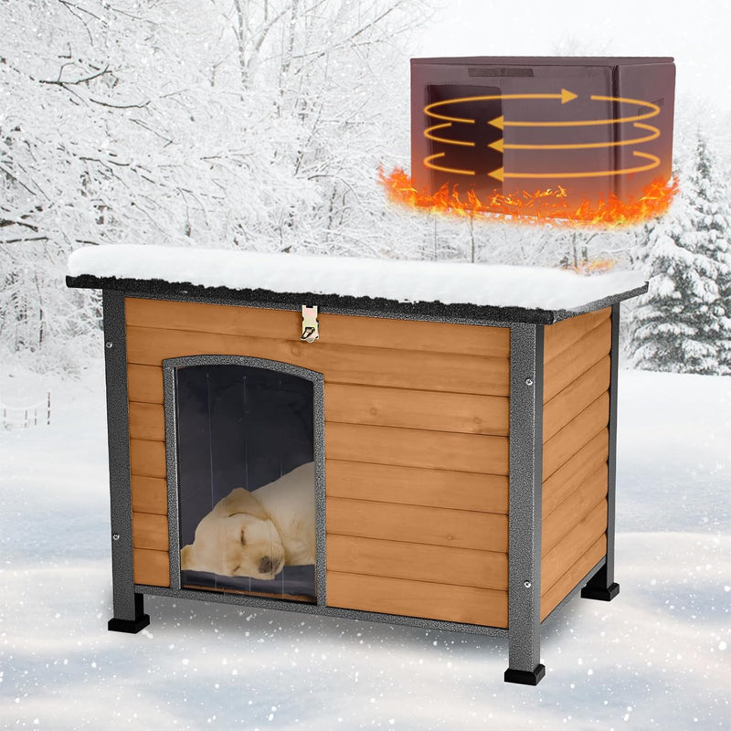Suumerpety Feral Dog House Outdoor,Anti Bite Iron Frame Dog Kennel,Wood Warm Pets Home,Insulated Weatherproof Outside Sh