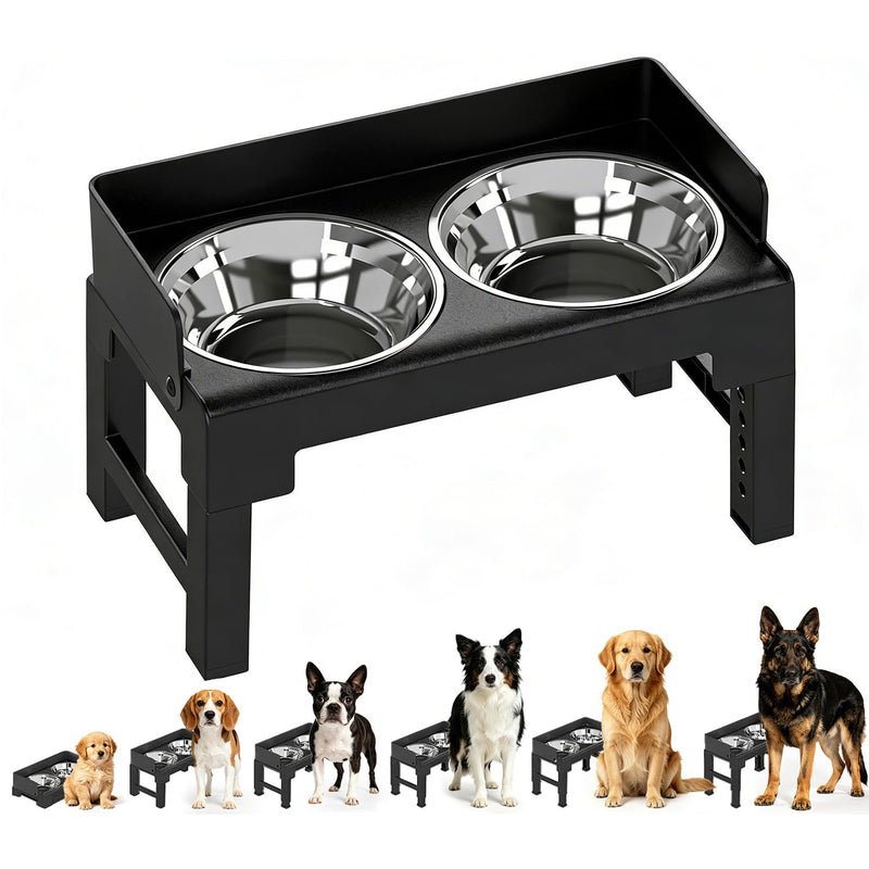 PAKEWAY Elevated Dog Bowls, 2 Stainless Steel Bowls, Tiltable Spill-Proof Raised Feeder, 6 Height Adjustable 3.1/8.7/9.4/10.2/11/11.8 Inch for Medium & Large Dogs