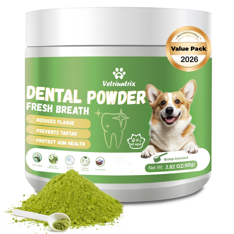 Vetriuntrix Dog Teeth Cleaning Powder, Dental Powder for Dogs Teeth Tartar Remove & Plaque Off, Fresh Breath for Dogs with Natural Plants Blend and Postbiotics, 80g