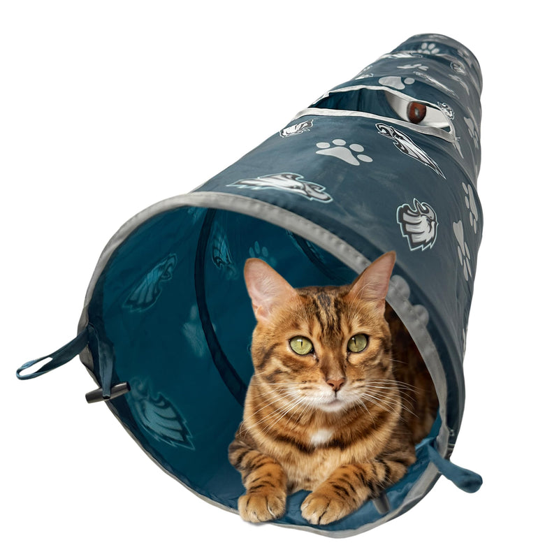 NFL Philadelphia Eagles Cat Tunnel Tube Toy with Plush Football Catnip and Feathers Collapsible Tunnel for Cats to Play, Peek and Hide, Sporty & Fun Cat Tunnel Toy with Team Logo All-Over Design!