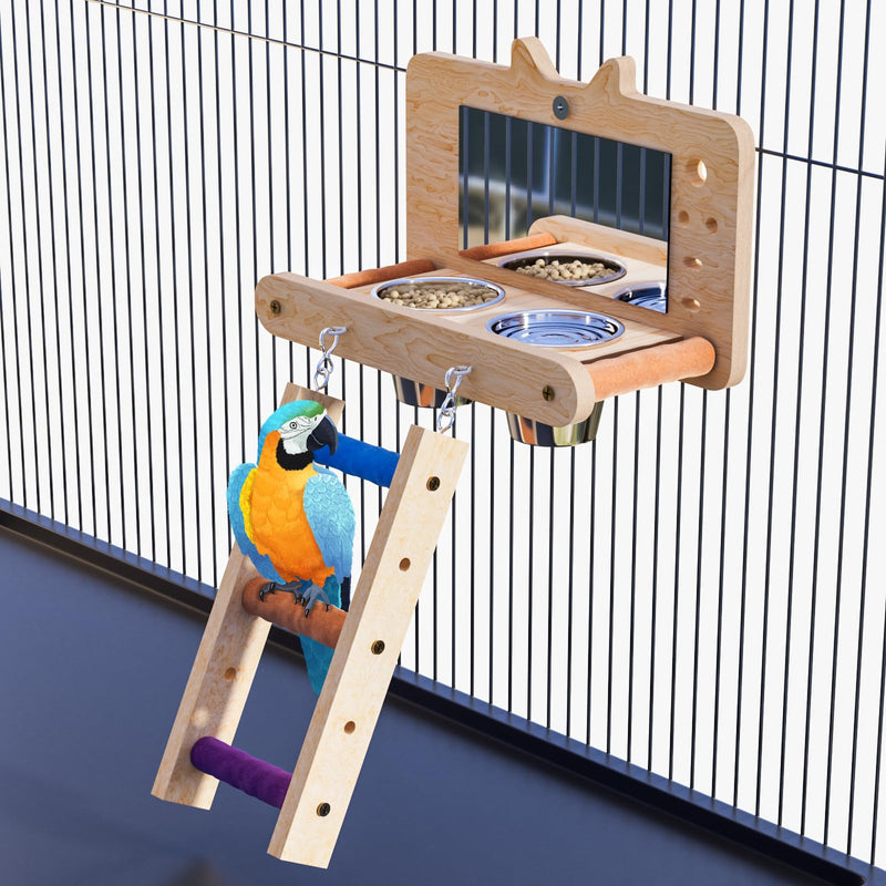 HOOSHEE Perch Platform Bird Toys with 304 Stainless Steel Food Cup, Bird Mirror Climbing Ladder Swing, Parakeet Cage Accessories - for Cockatiels, Budgies, Pacific Parrotlets, Finch, Canaries
