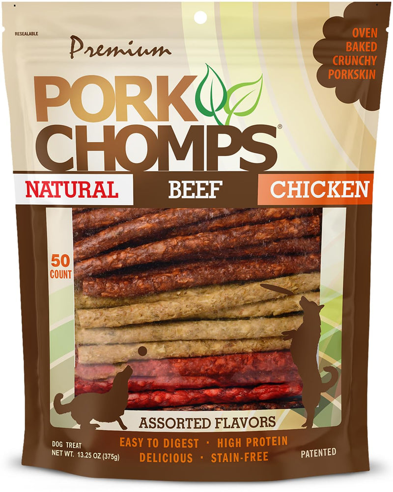 Pork Chomps Dog Chews, 5 Inch Munchy Sticks, 50 Count - Assorted Flavors: Roasted Pork, Chicken, & Bacon - Long-Lasting Treats for Dogs - High Protein, Low Fat, Healthy & Delicious Chews (1 Pack)