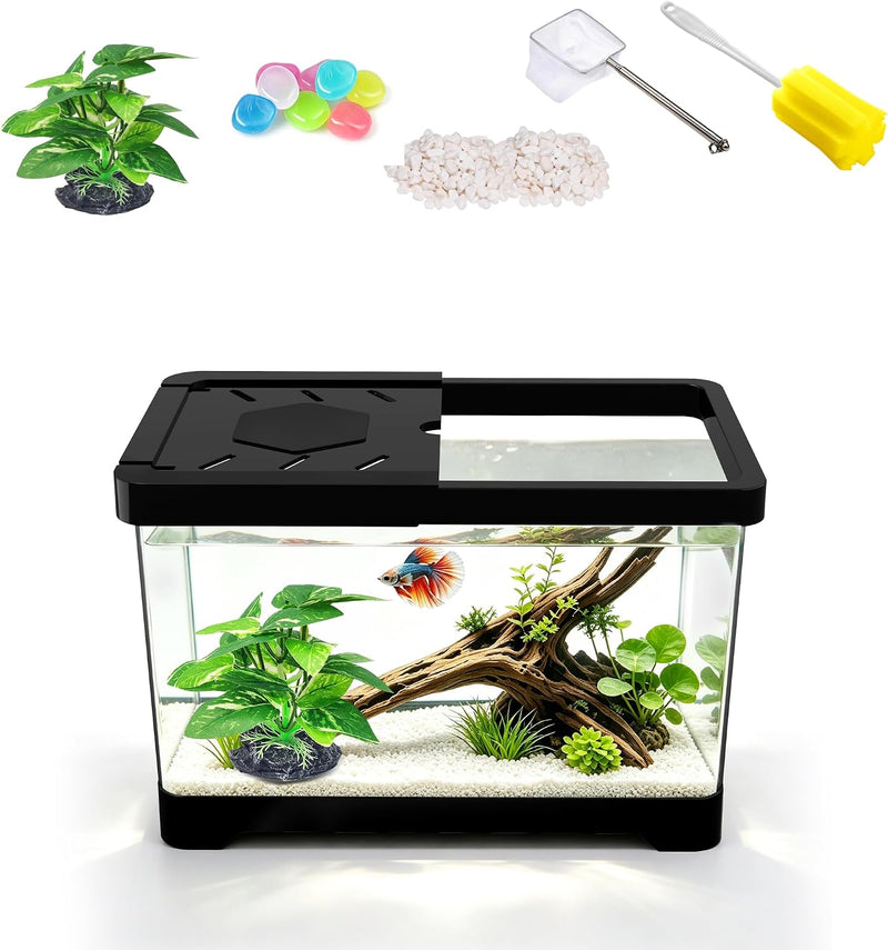 1.5 Gallon Betta Fish Tank, PC Mini Fish Tank Starter Kit. Black
