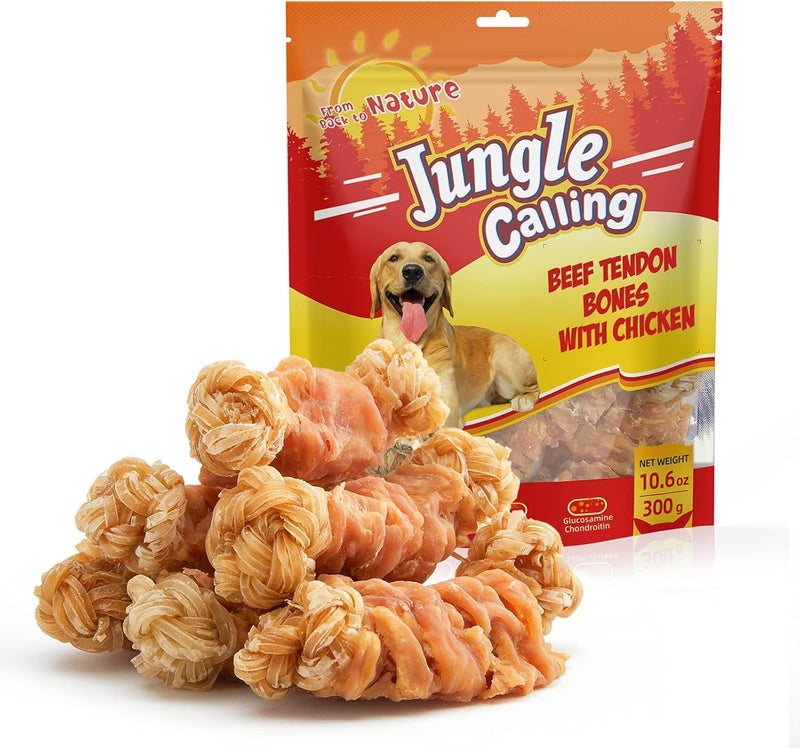 Jungle Calling Long Lasting Dog Chews for Medium Large Dogs, Chicken Wrapped Beef Tendon Braid Bones - Rawhide-Free Hip and Joint Support Treats with Glucosamine