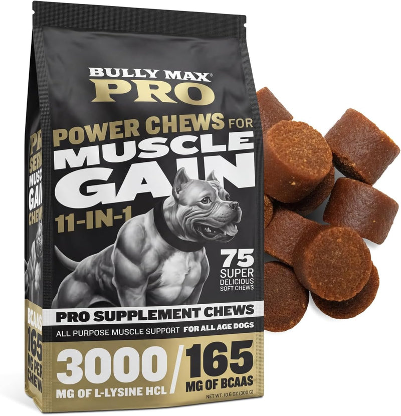 Bully Max 11-in-1 Dog Muscle Builder Power Chews - High Protein Muscle Gain Supplement with Amino Acids - Vet-Recommended for Puppy & Adult Canines, All Breeds & Ages - Made in USA - 75 Soft Chews