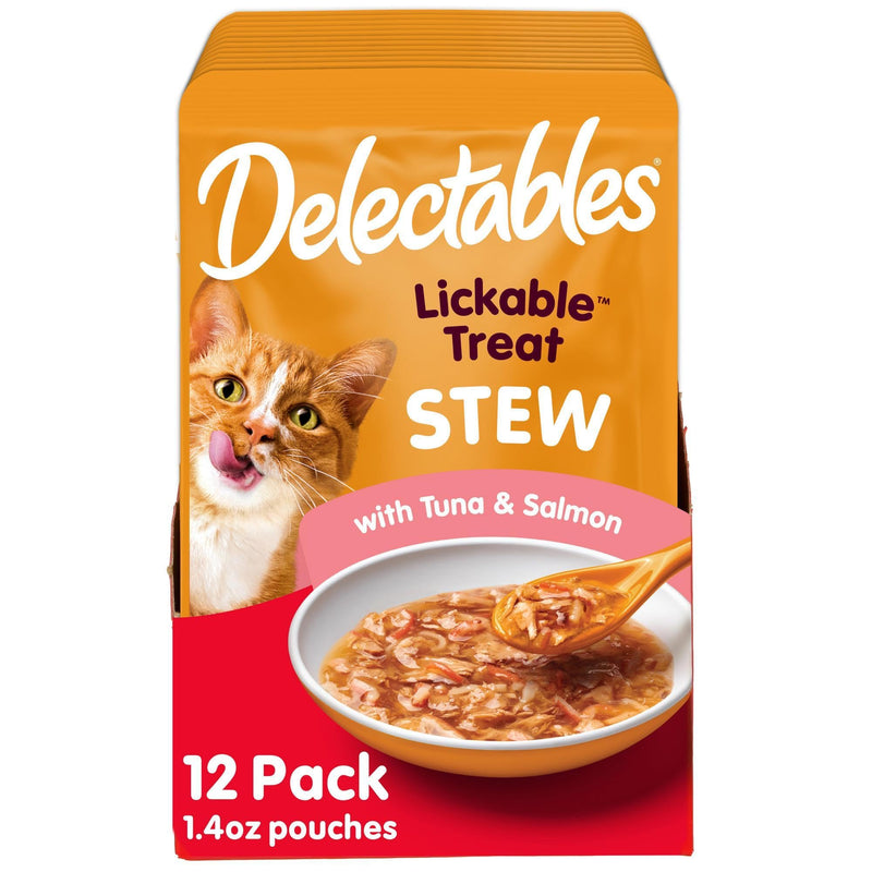 Delectables Lickable Treat Stew Wet Cat Treat with Real Tuna & Salmon, Food Topper, Hydrating, Grain-Free, No Fillers, No By-Products, No Added Preservatives, 1.4oz Pouch, 12ct