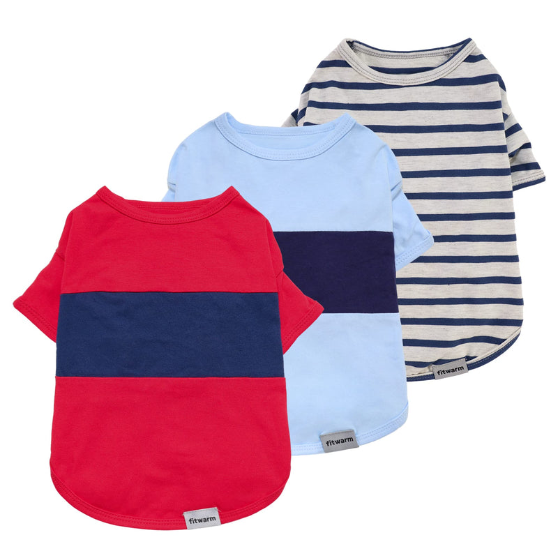 Fitwarm 3 Pack Color Block Striped Dog Shirt, Summer Dog Clothes for Small Dogs, Breathable Lightweight Pet Tshirt with Sleeves, Cat Outfit, Red, Blue, Grey