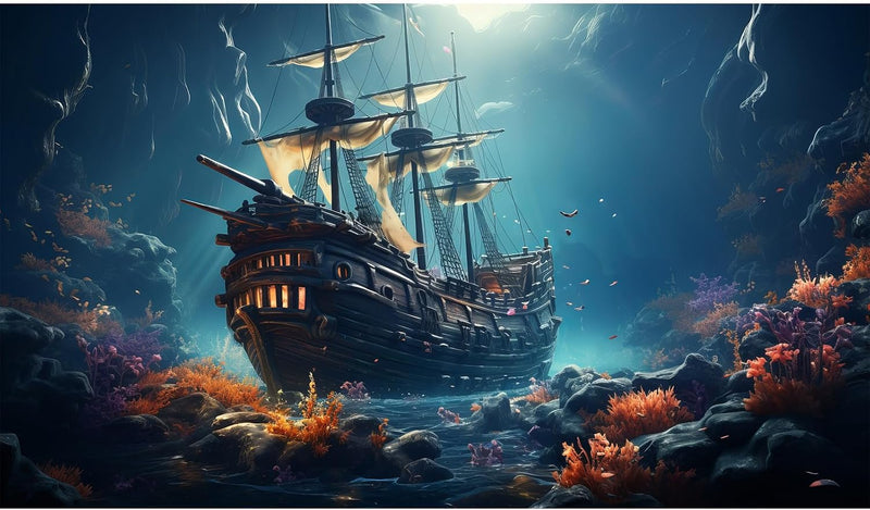 Sunken Ship Aquarium Background Undersea Pirate Shipwreck Fish Tank Background Tropical Coral Reefs Ocean Seabed seascap