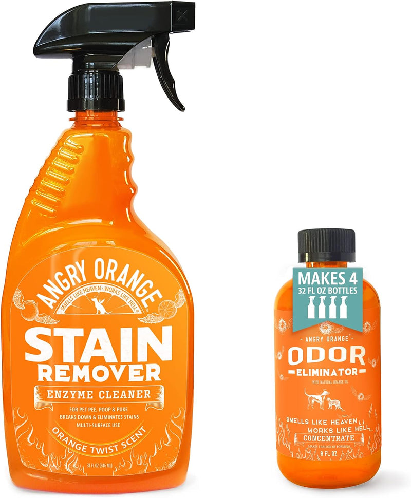 ANGRY ORANGE Pet Stain and Odor Remover - 2 Spray Pack - 32 oz Dog, Ferret, Rabbit & Cat Urine Enzyme Cleaner - 8 oz Str