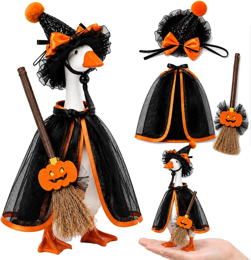 7inch Desk Goose Halloween Outfits, Mini Desktop Goose Clothes with Halloween Witch Hat, Black Cape & Pumpkin Broom Deco