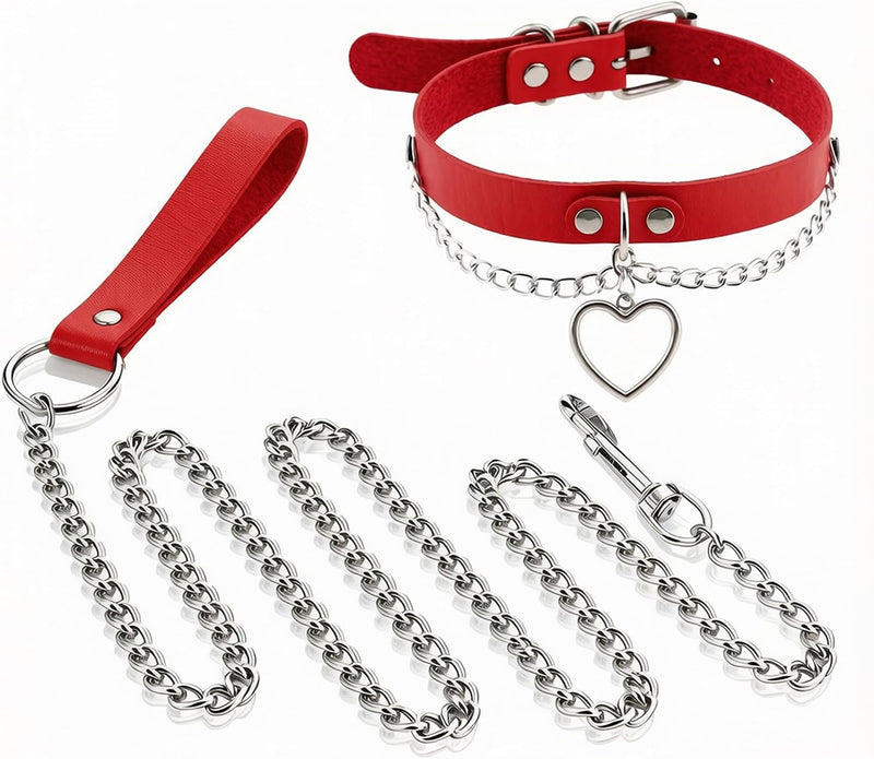 Long Chain Leash with Red PU Handle, Heart Leather Collar for Dogs Pet Cat