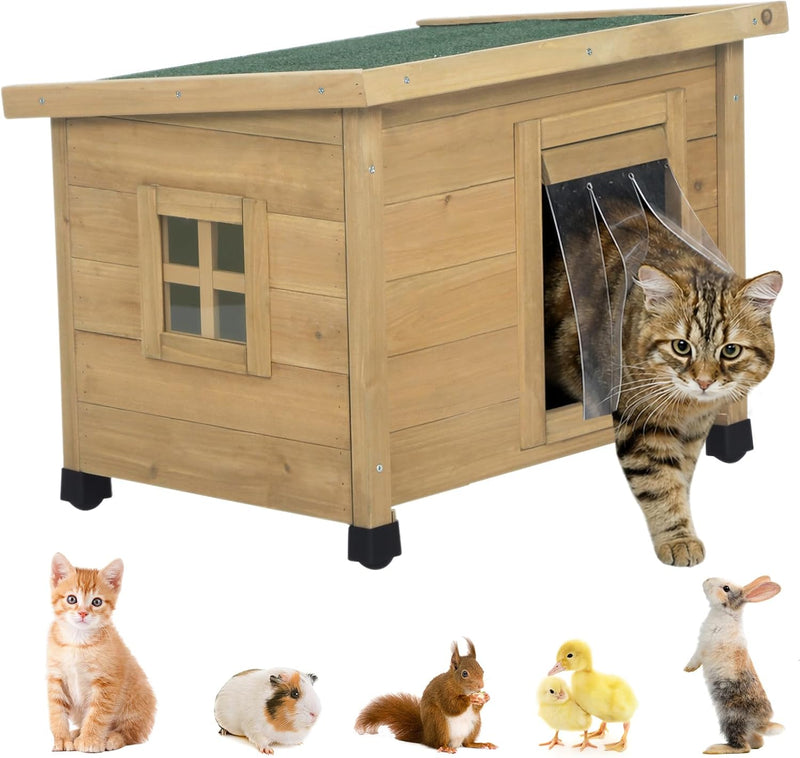Agitree Outdoor Wooden Pet House, Weatherproof Winter Shelter for рuррy and Small Cats, Elevated Design with Window (Yel