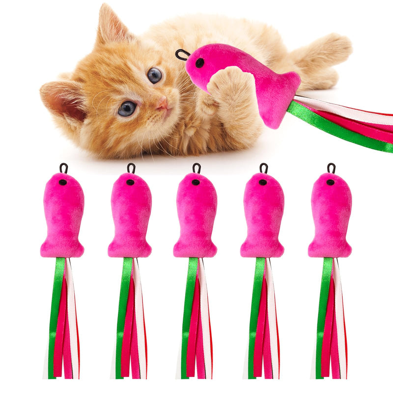 ZeyZoo Cat Toys Catnip, 5PCS Floppy Fish Cat Toy Filled Soft Plush, Pink Flopping Fish Chew Kitten Toys, Catnip Wand Toy Attachment with Ribbons, Interactive Cat Toys for Indoor Cats Kitten Play Chew