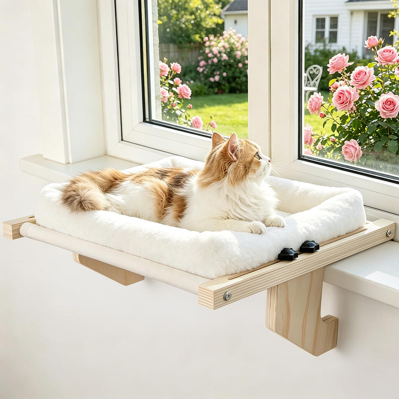 Famifit Cat Sill Window Perch - 100% Natural Pine Frame, Soft Rabbit Fur Cushion, Tool-Free Adjustment, Supports 40 lbs (Medium-White)
