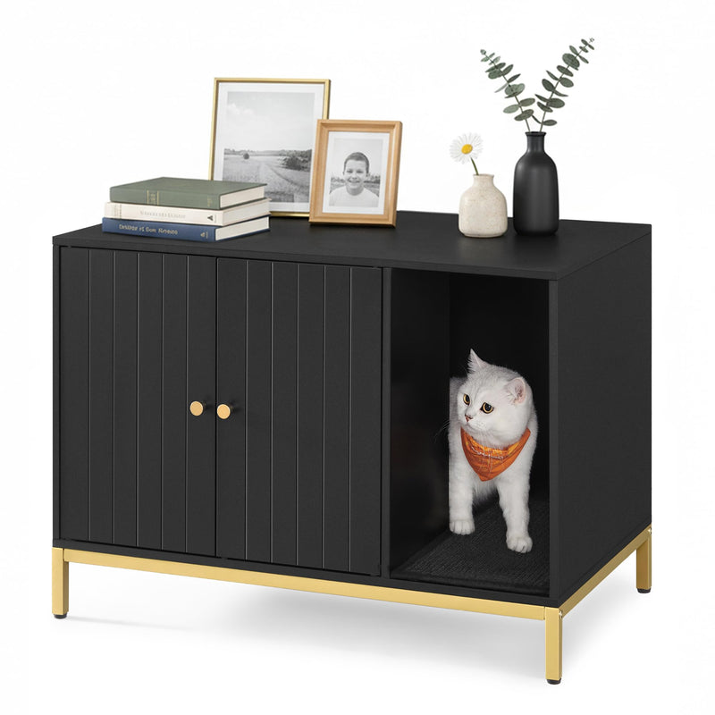 Feandrea Cat Litter Box Enclosure, Hidden Litter Box Furniture with Scratch Pad, Front Entry, Double Cabinet Doors, Modern Style, 31.5