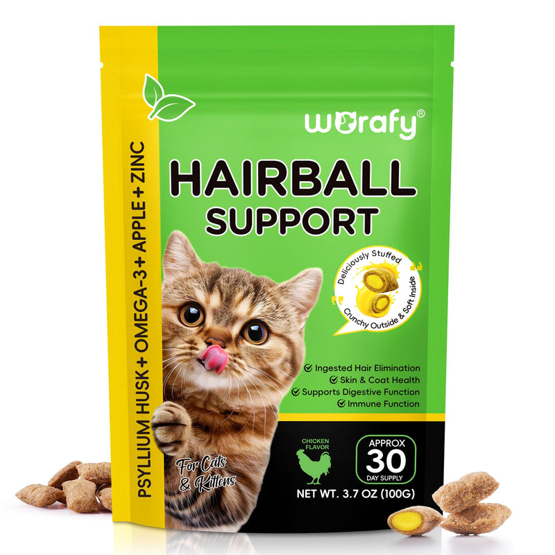 Hairball Treatment for Cats, Hairball Remedy Treats Chews, Cat Furball Treatment, Prevent Hairballs for Indoor Cats, Supports Skin & Coat, Vitamins for Digestion, Chicken Flavor (30 Day Supply)