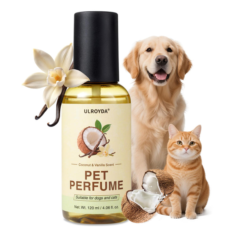 ulroyda Dog Cologne & Pet Perfume – Long-Lasting Coconut & Vanilla Scent | Alcohol-Free Deodorizing Spray for Dogs & Cats, Gentle Non-sticky Grooming Formula, 4.06 oz