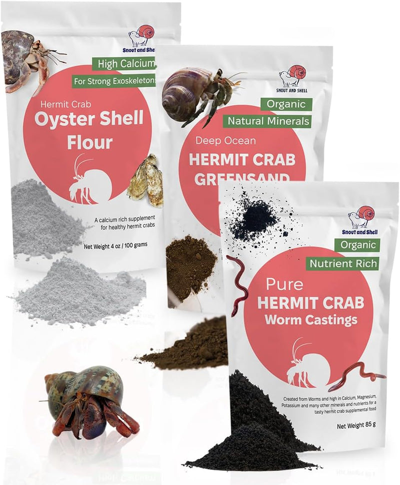 Hermit Crab Supplement Bundle – Greensand, Oyster Shell Powder and Worm Castings – Molting Support, Natural Calcium, Min