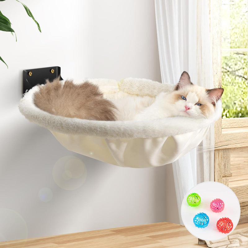 JUNSPOW Cat Hammock Wall Mounted, Foldable & Stable Cat Beds- Breathable Cats Wall Shelves for Sleeping, Playing, Climbing, and Lounging - Maximum Hold Up to 30lb(Cream,Faux Rabbit Fur)