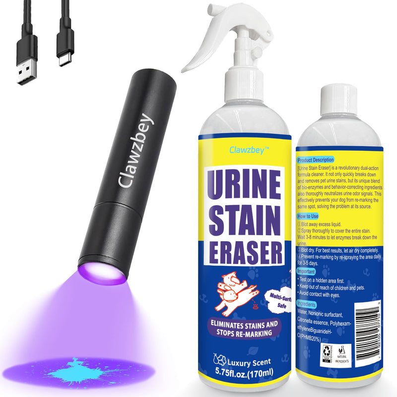 Pet Odor and Stain Remover & UV Flashlight, Urine Detector, Detects and Cleans Urine Stains, Powerfully Removes Organic Stains and Odors Like Dog Urine, Cat Urine, and Feces