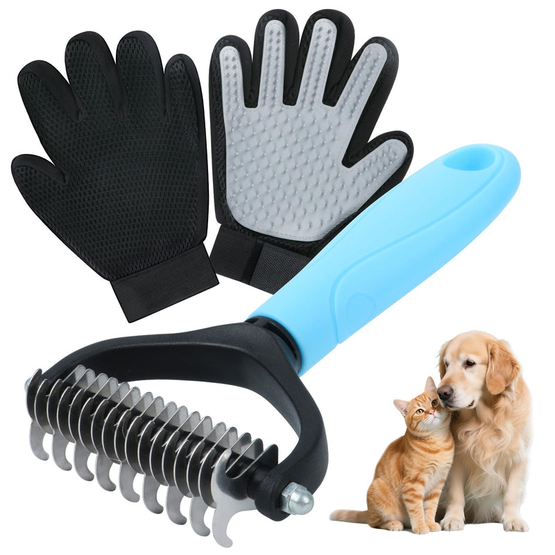ZQJKLE Cat & Dog Grooming Gloves for Shedding Brushes 1 Pair and Pet Grooming Rake 1PC, Double Sided Dematting, Deshedding Brush & Massage, Safe for Dogs & Cats