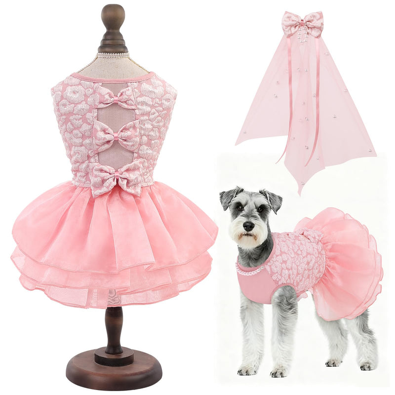 ASENKU Dog Dress, Dog Wedding Dress, Pet Lace Princess Dress with Bows for Wedding Birthday Party, Puppy Formal Apparel with Pearl Necklace for Large Dogs (Pink, XX-Large)