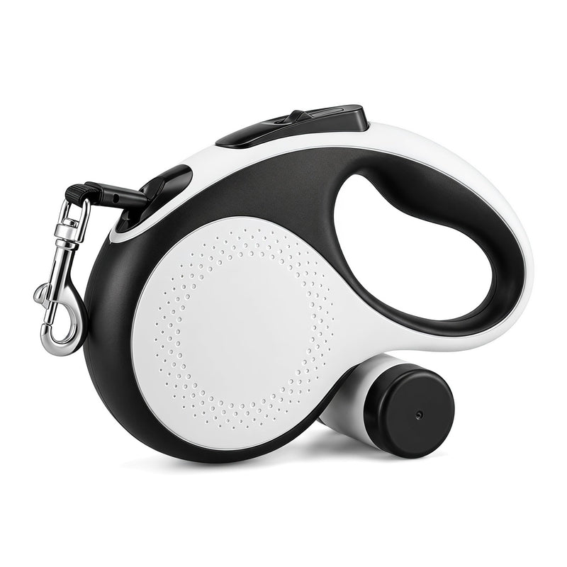 TailyWags Retractable Dog Leash 26FT for Large Dogs up to 110lbs, Extra Long Strong Nylon Tape, 360° Tangle-Free, One-Handed Brake&Lock, with Poop Bag Dispenser, Ergonomic Anti-Slip Handle (White)