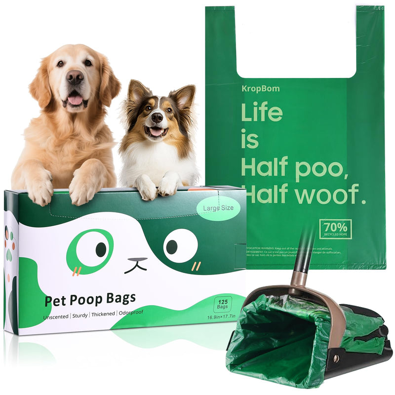 KropBom 125 Bulk Pack Extra Large Dog Poop Bags for A&H Swivel Bin Pooper Scooper, Pet Waste Bags with Handle for Dog Poop Cat Litter, Heavy Duty Leakproof Unscented (Only Dog Poop Bags)