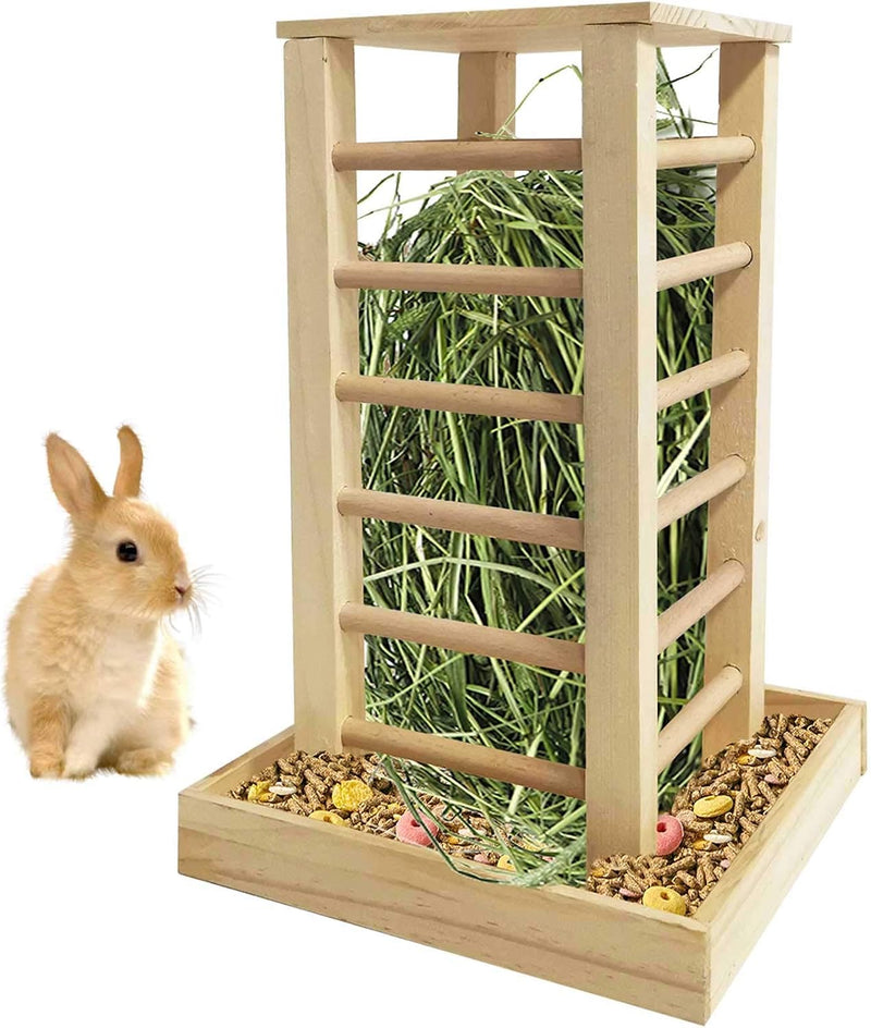 kathson Wooden Hay Feeder Rabbit Less Waste Food Feeding Rack Standing Pet-self Feeding Hay Manager Grass Holder Small A