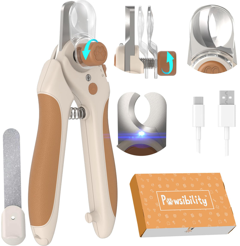 Pawsibility Pet Nail Clipper PRO 2026 - Quick-Vision LED Light | 2-Stage Adjustable Professional-Grade Blade | Adjustable Magnifier Safety Guard - for Cats, Small, Medium and Large Dogs - Brown