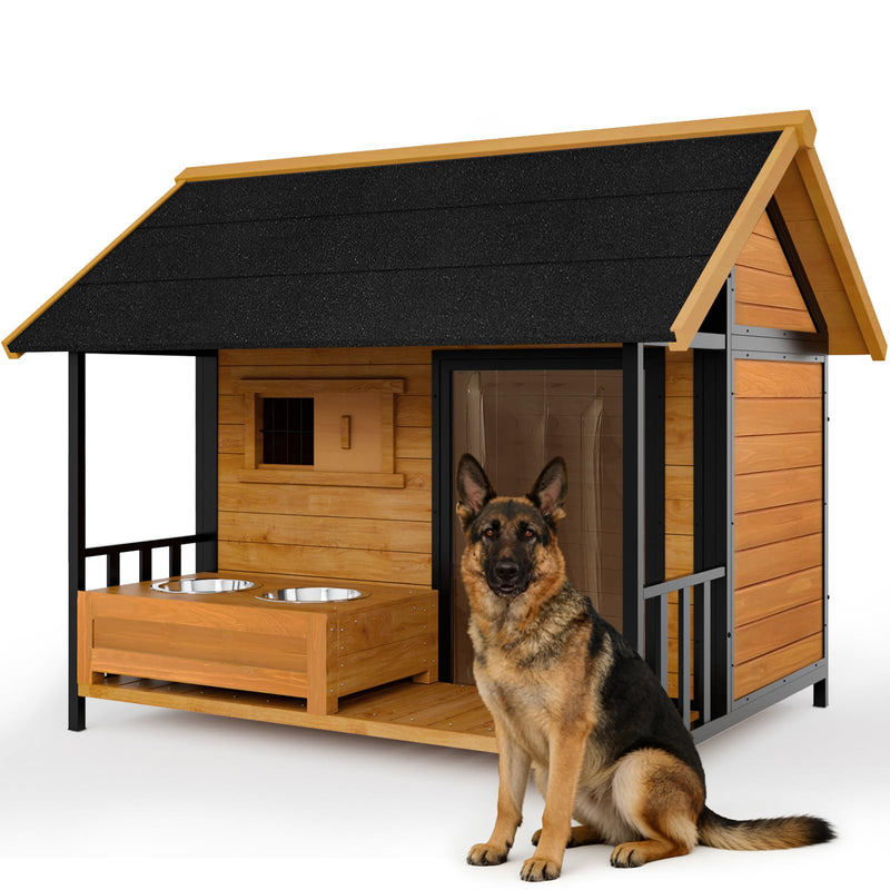 HomeSheek Large Dog House with Dog Bowls Stand, Outdoor Weatherproof XL Dog Kennel with Openable Roof, Easy Assembly All-Around Iron Frame Design for Outside Medium Big XLarge Breed Dogs