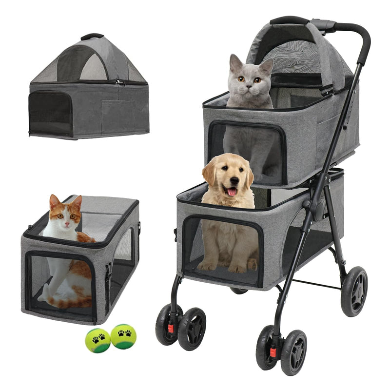 MKSY Double pet Stroller with Two Detachable pet Carriers, 4 Lockable Wheels ,Folding Dog Stroller for Small Medium Dogs Cats,Grey