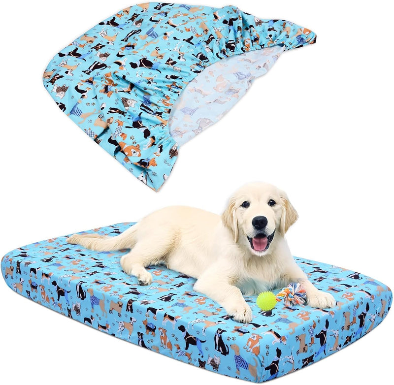 Hoopttay Dog Bed Covers Replacement Washable, Elastic Edged Pet Bed Protector with Cute Dog Pattern Design for Small & Medium Pet Beds, Cover Only (Blue, 36x27x6 Inch)