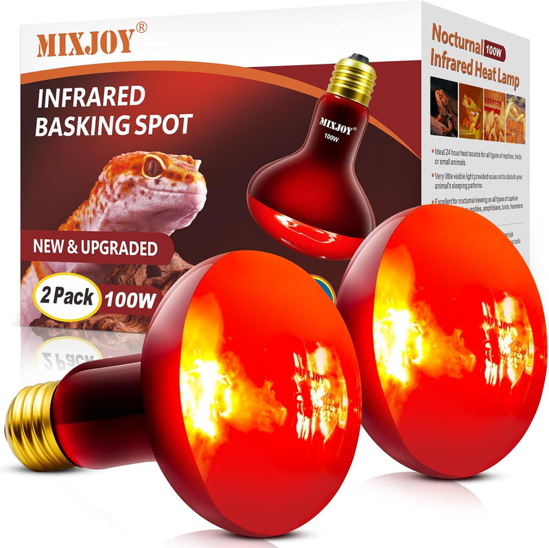 MIXJOY 100W Infrared Heat Lamp Bulbs, 2 Pack Reptile Infrared Heat Emitter Red Heat Lamp Bulbs Infrared Basking Light Bu