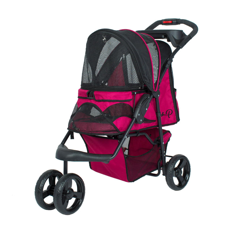 Petique Durable Pet Stroller, Easy Fold, Quality mesh Windows, Large Storage Basket, Secure Cup Holder Tray, for Small to Medium Dog, Cat, Bunny, Supports Pets up to 55LBS - RAZZBERRY