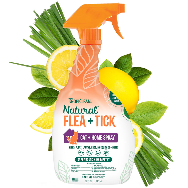 TropiClean Flea and Tick Treatment Spray for Cats & Home, Safely Treat, Prevent & Control by Contact, Powerful & Natural Defense, USA Made, 32oz