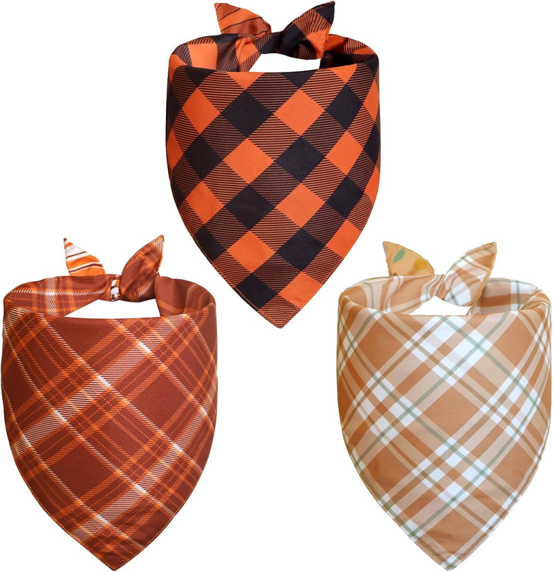 Fall Dog Bandanas Large 3PCS, Plaid Stripe Thanksgiving Scarf