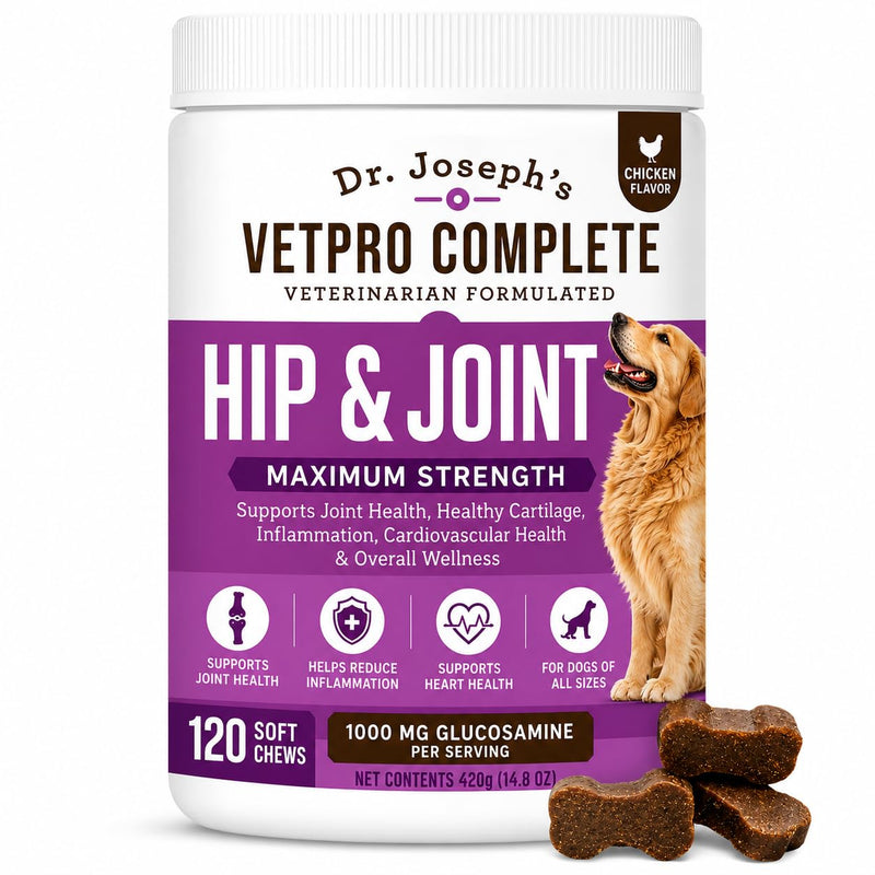 Dr. Joseph's VetPro Complete Dog Hip & Joint Wellness Supplement – High-Strength Glucosamine, MSM, Omega & Chondroitin Chews and Breeds – Vet Formulated Chicken Dog Treat - 120 Count
