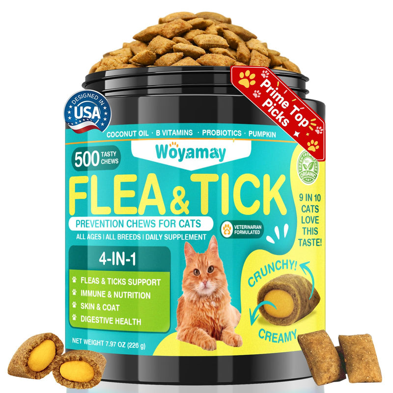 Woyamay 4-IN-1 Flea and Tick Prevention for Cats, 500 Crunchy & Creamy Chews, Cat Flea Treatment, Natural Oral Flea Treatment for Cats, Daily Support for Flea, Immune, Skin & Coat, Gut, Chicken Flavor