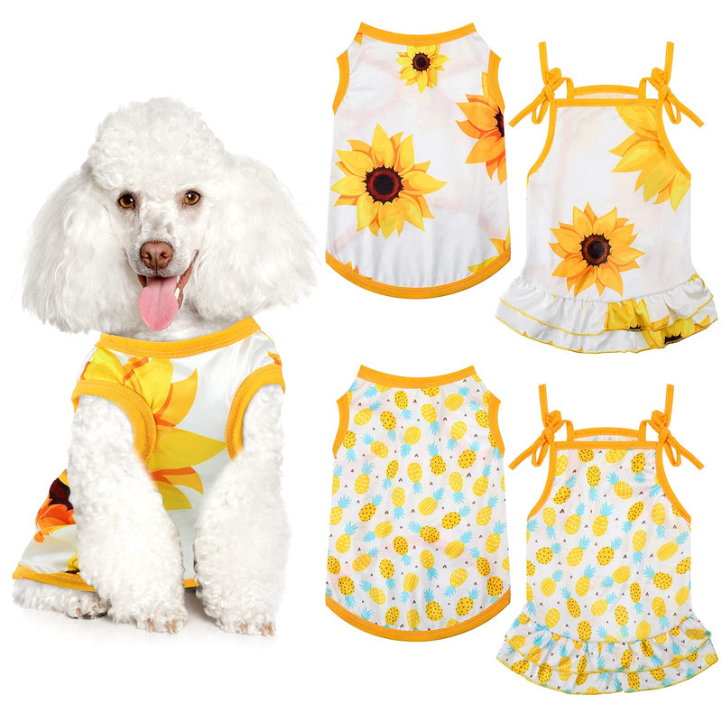 Frienda 4 Pieces Dog Clothes Set Include 2 Pcs Cute Pet Dress Lovely Dog Dress and 2 Pcs Breathable Pet T Shirt Puppy Clothes(Pineapple, Sunflower,Medium)