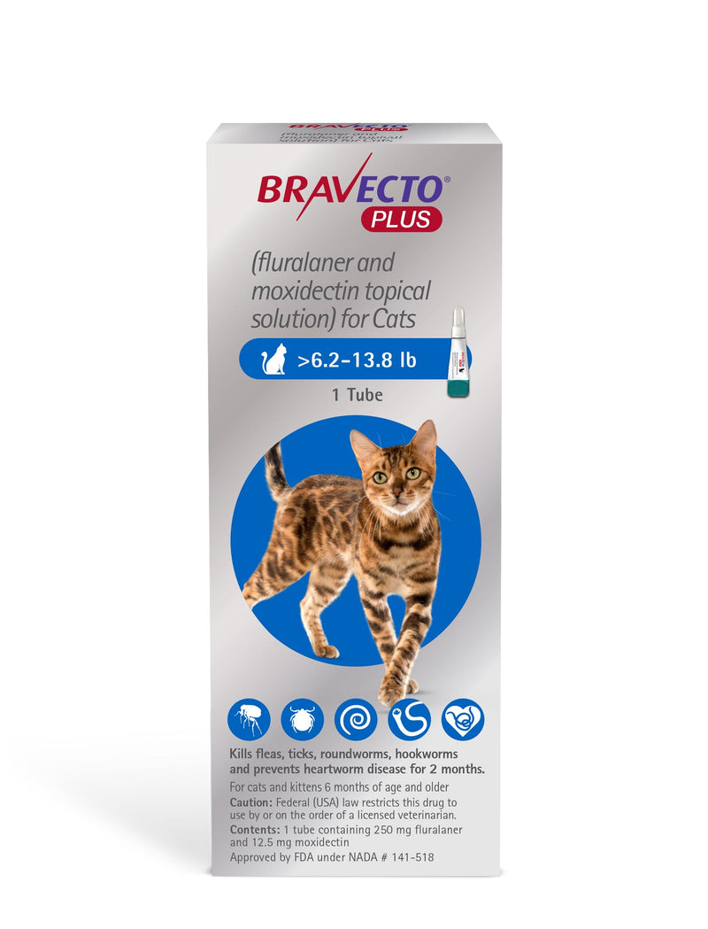 BRAVECTO PLUS Topical Solution for Cats, Flea, Tick & Heartworm, 2 Months Supply, 6.2-13.8 lbs., Blue Box