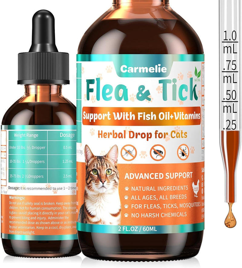 Flea and Tick Prevention for Cat, Flea Drops with Vitamins Fish Oil 2 fl oz