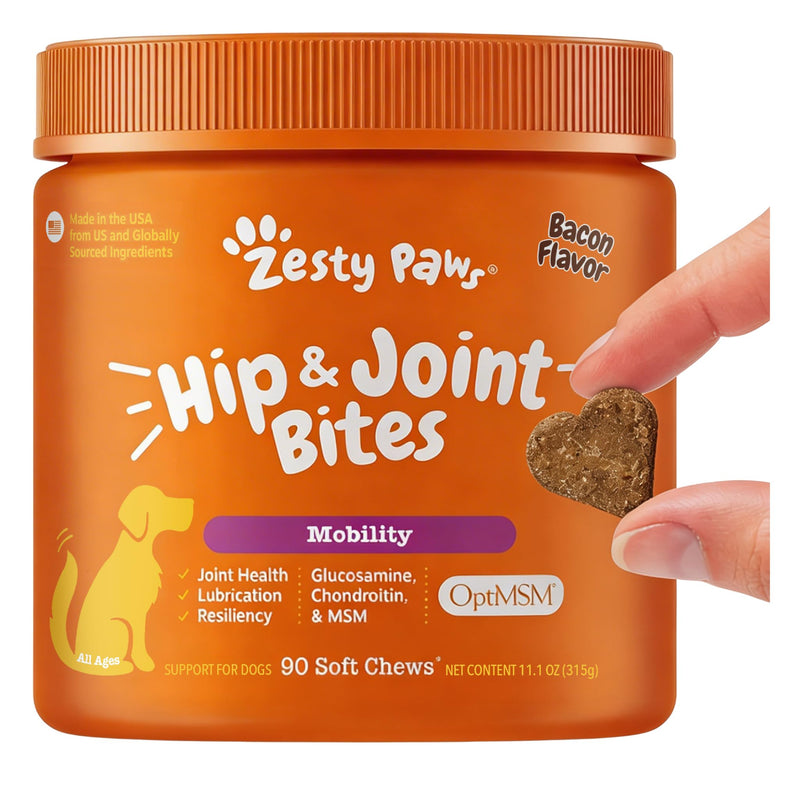 Zesty Paws Hip and Joint for Dogs, Glucosamine for Dogs Hip and Joint Supplement with Chondroitin, MSM, Vitamins C & E - Bacon, 90 Count