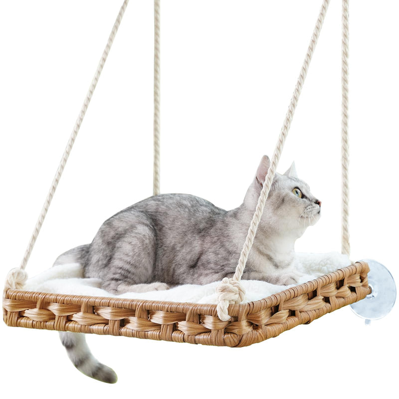 SETVSON Cat Window Perch Cat Window Hammock Bed for Indoor Cats, Large Handwoven PE Rattan Window Seat, 4 Suction Cups, Double Sided Washable Cushion Bed, 2.3 Inch Fence Shelf, for Pet Kittens Natural