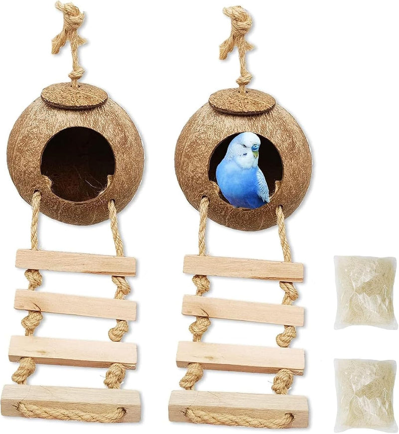Tfwadmx 4 Pcs Coconut Hide with Ladder, Natural Coconut Fiber Hanging Birdhouse Cage, Coconut Bird Shell Breeding Nest f