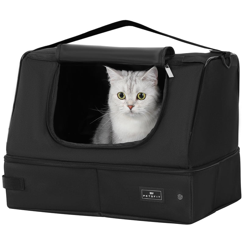 PETSFIT Portable Travel Cat Litter Box – Collapsible, 2-Layer Leak-Proof Washable Liner with Sturdy Support Frame, for Hotel/Car/Camping, Cat Travel Essentials for Kitty/Medium Cats Solid Black
