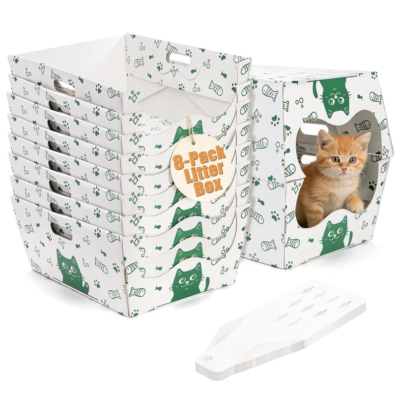 SOUJOY 8 Pack Disposable Cat Litter Box, Sturdy White Cardboard Litter Boxes with Scoop, Anti-Splashing Foldable Enclosed Travel Litter Tray for Cats Puppies Small Pets, 16