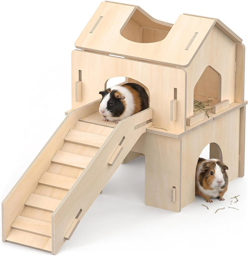 XiaZ Guinea Pig Hideout, Large Wooden Guinea Pig Castle with Stair, Detachable Double-Decker Small Animal House, Habitat