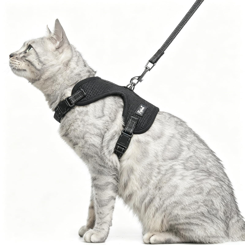 PUPTECK Cat Harness and Leash Set Escape Proof, Reflective Adjustable Soft Mesh Pet Vest Harness for Walking Travel, Black S